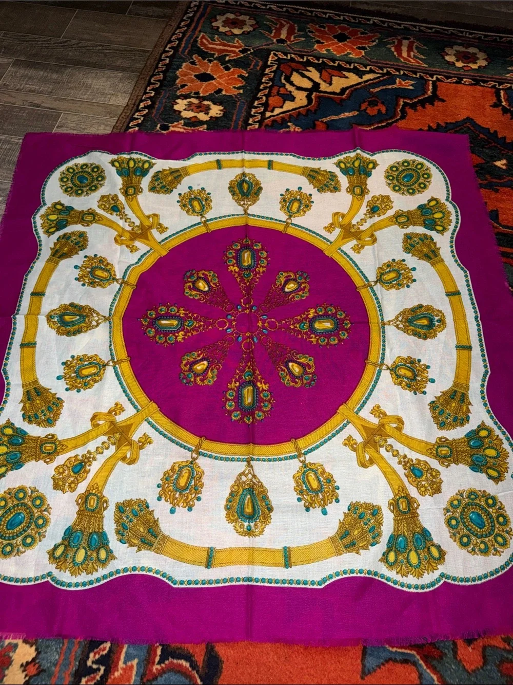 Vintage 60's Glentex~Stylish Fuchsia Gems and Links Gold Printed Square Scarf